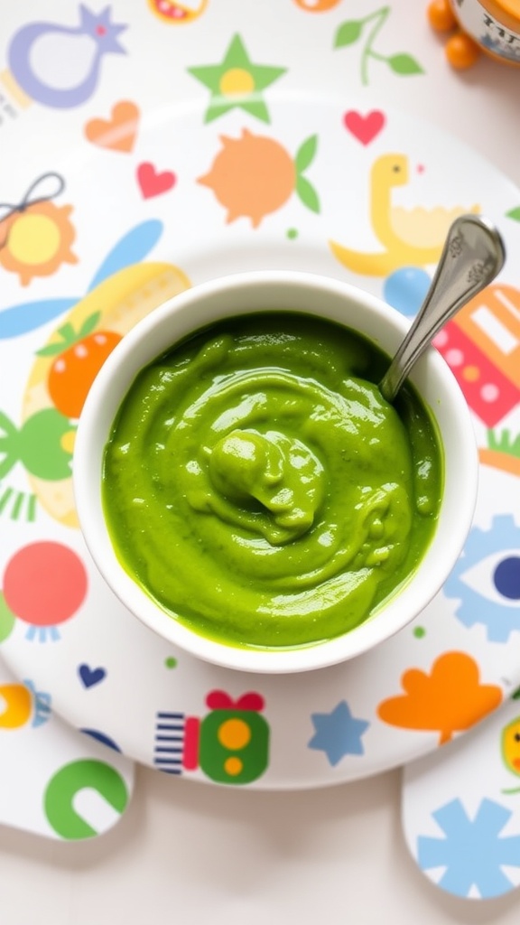A bowl of smooth spinach puree for babies, ready for feeding, with a spoon beside it.